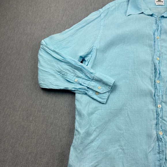 Lacoste Shirt Men 45 XL/2XL Blue 100% Linen Long Sleeve Button Up Crocodile Logo - Picture 5 of 12